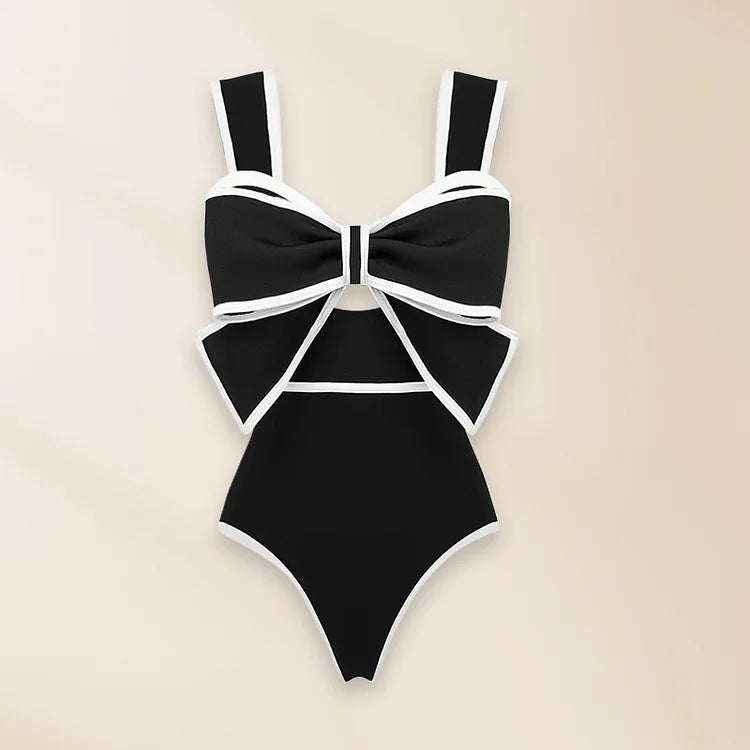 3D Bow-Tie Decor Swimsuit - Black and White Beachwear