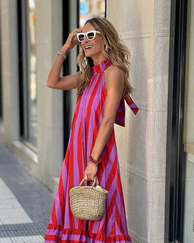 Striped Halter Neck Maxi Dress - Backless Lace-Up Vacation Dress