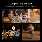 Smartphone with a ring light attachment held by a person, with text about photo durability.