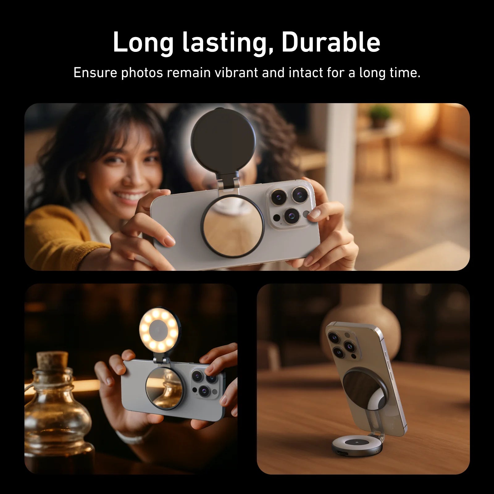 Smartphone with a ring light attachment held by a person, with text about photo durability.