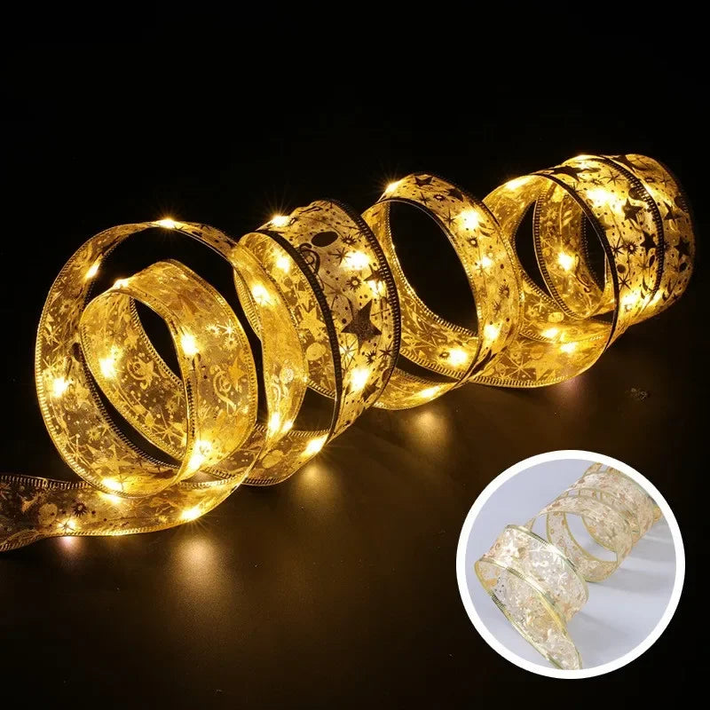 Decorative LED strip with gold accents on a dark background