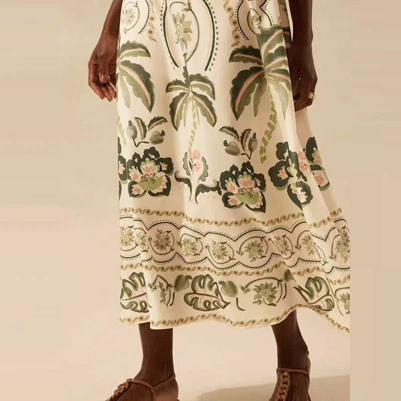 Floral patterned dress with a neutral background