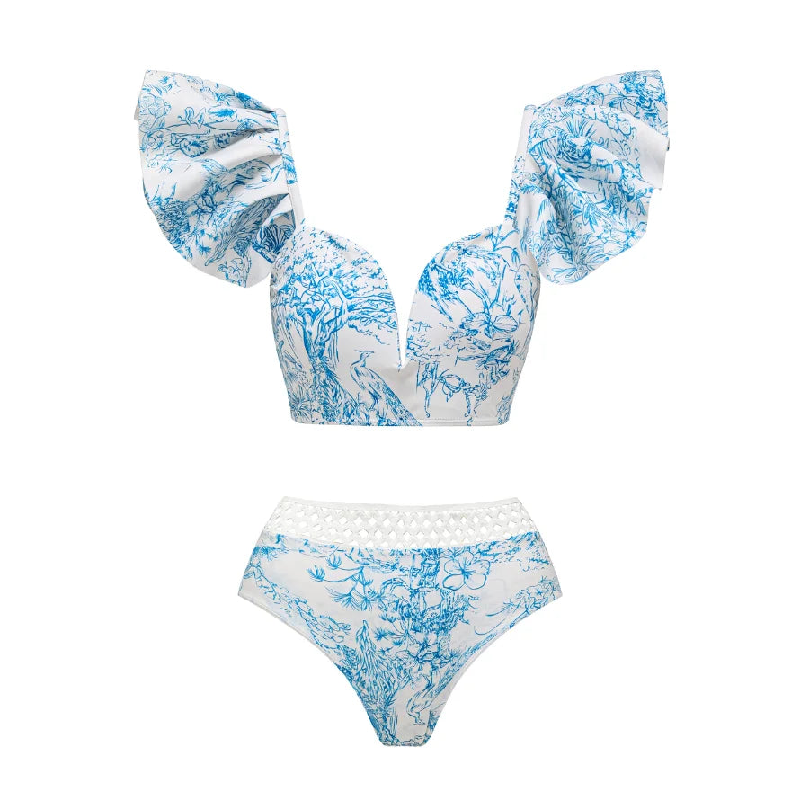 Ruy Print Bikini Set - Net Yarn Tiered Skirt Swimwear