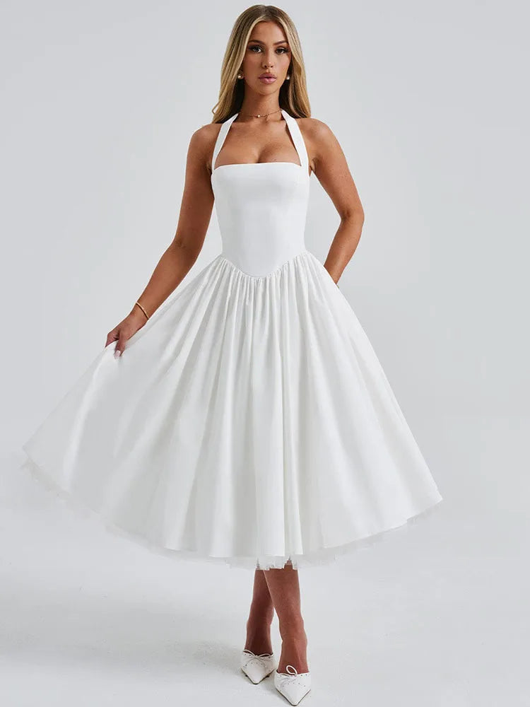 Halter Neck Backless A-Line Midi Dress - Cottagecore Style