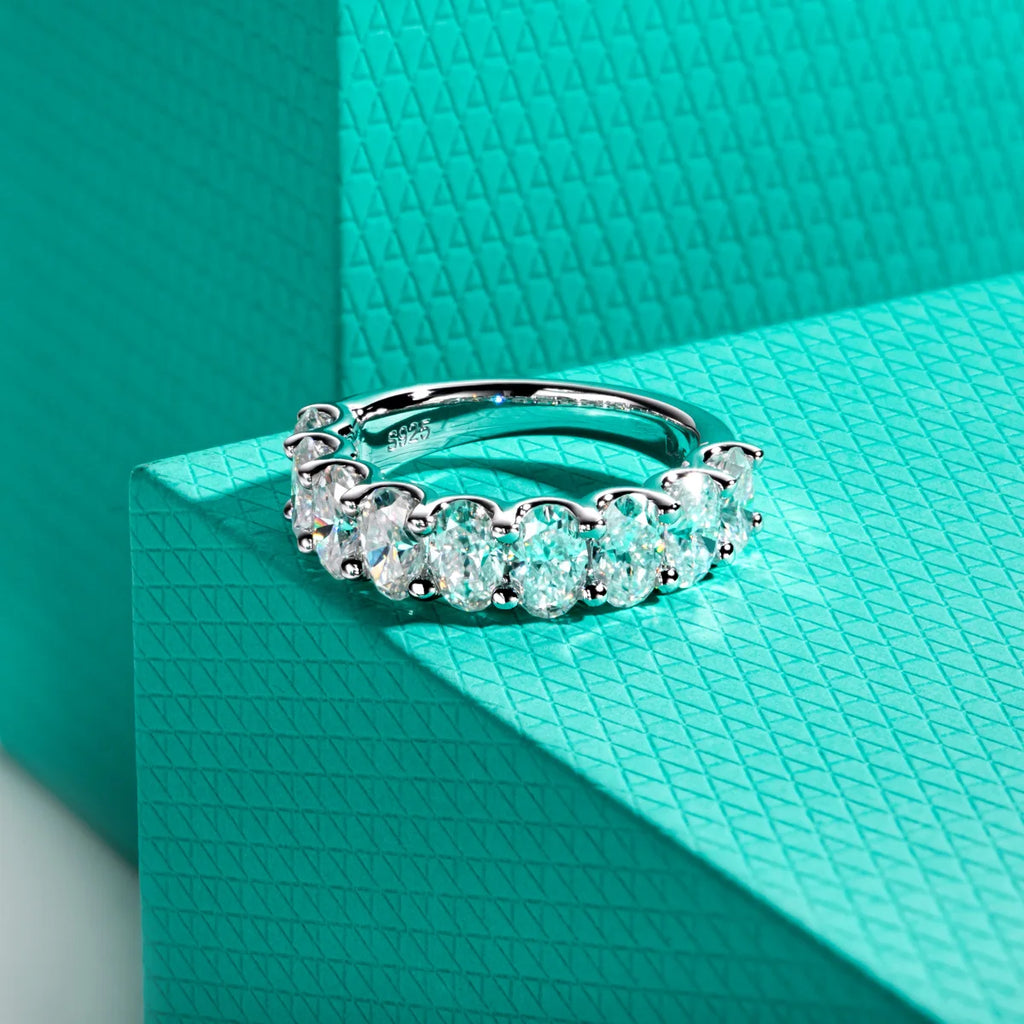 0.5ct Oval Moissanite Half Eternity Band - Sterling Silver Wedding Ring