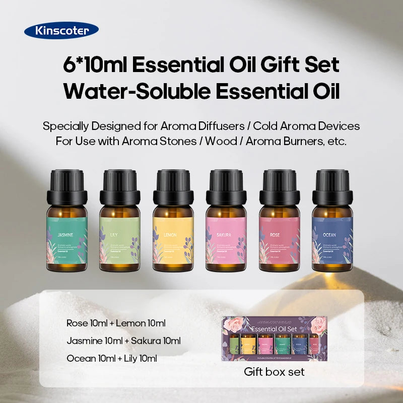 Kinscoter 6*10ml Essential Oil Gift Set with various scents on a light background