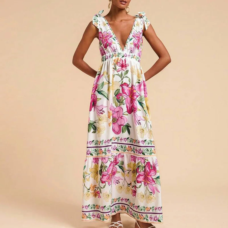 Floral Print Off-Shoulder Maxi Dress - Pleated Sleeveless V-Neck