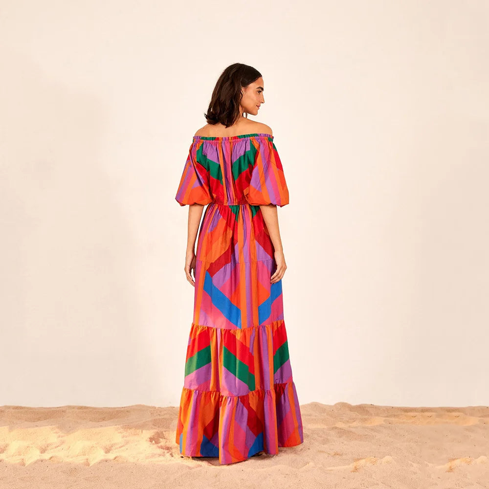 Gradient Color Block Wrap Maxi Dress - Printed Summer Evening Dress