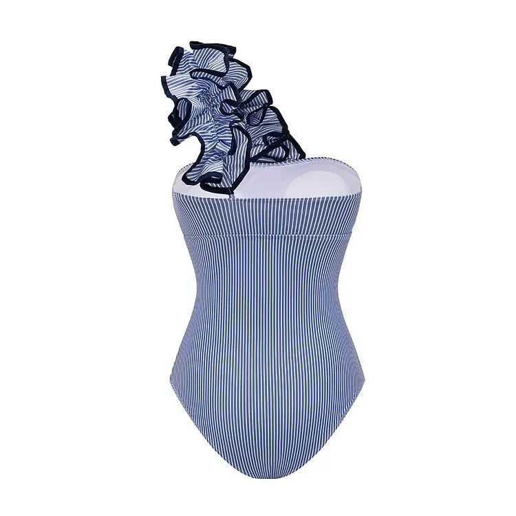 One Shoulder Ruffle Swimsuit - Stripe Print Beachwear