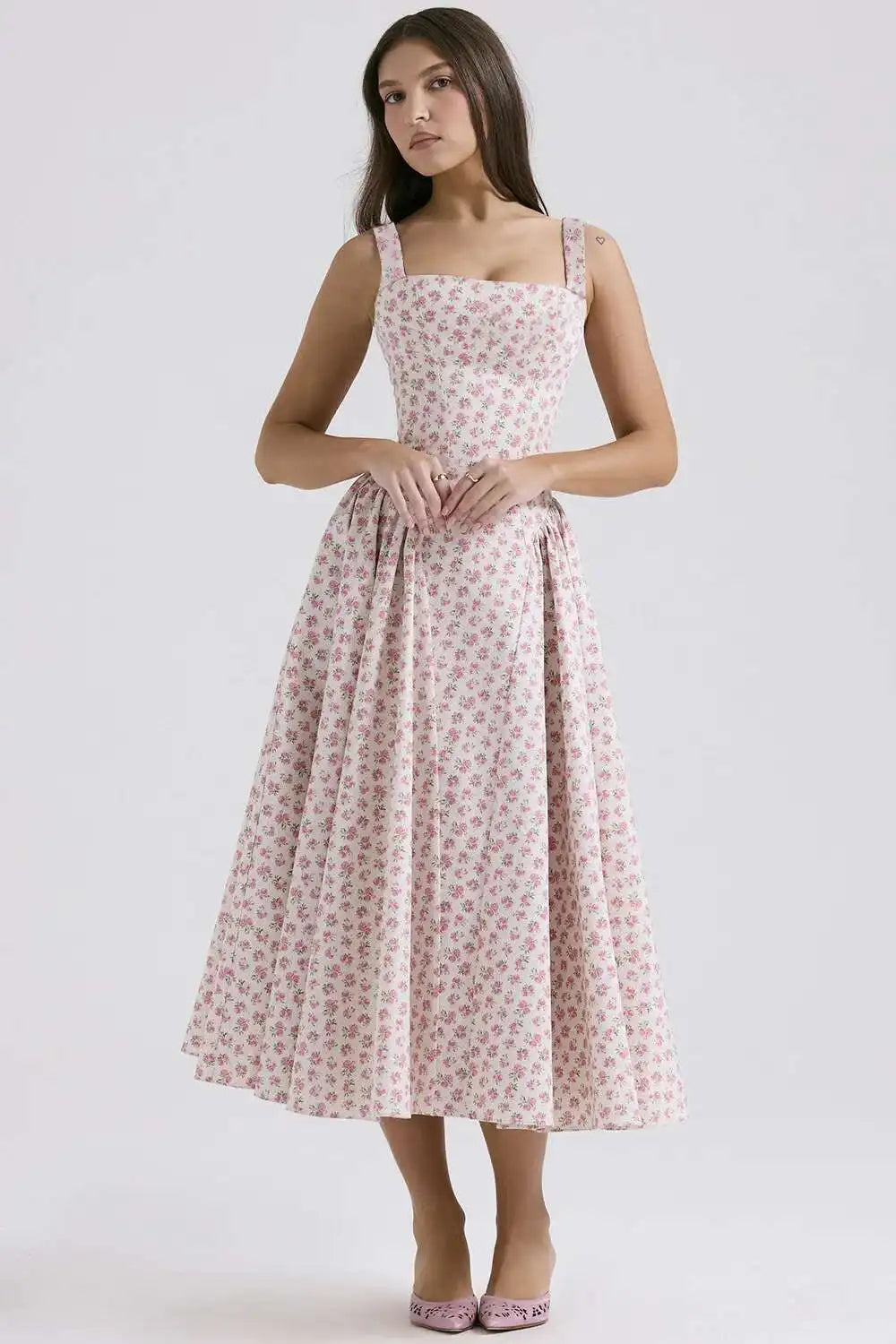 Floral Print A-Line Midi Dress - Spaghetti Strap Backless - Cottagecore Style