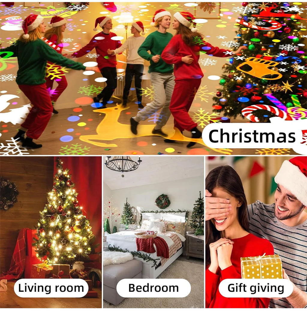 Collage of Christmas-themed activities including dancing, decorated living room, bedroom, and gift-giving.