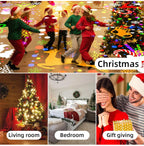 Collage of Christmas-themed activities including dancing, decorated living room, bedroom, and gift-giving.
