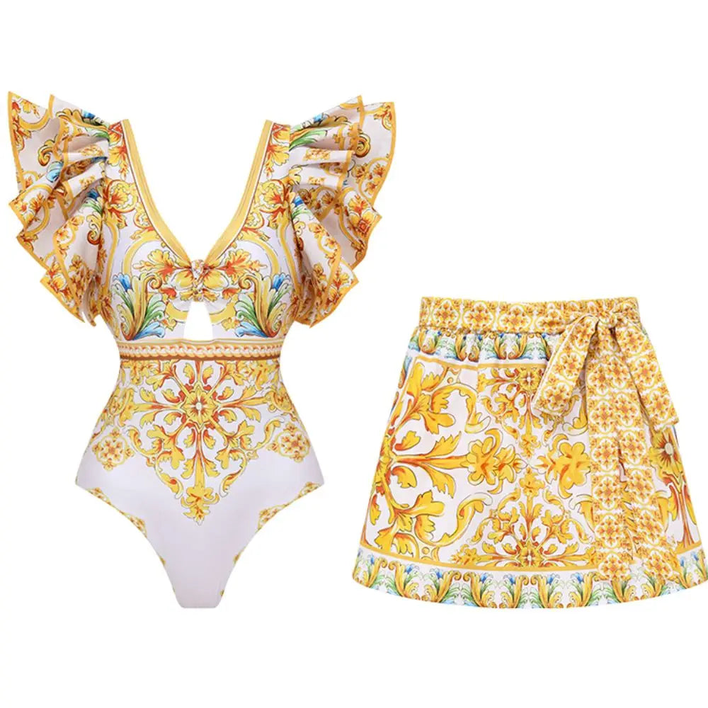 Ruffle V-Neck Swimsuit - Golden Majolica Print