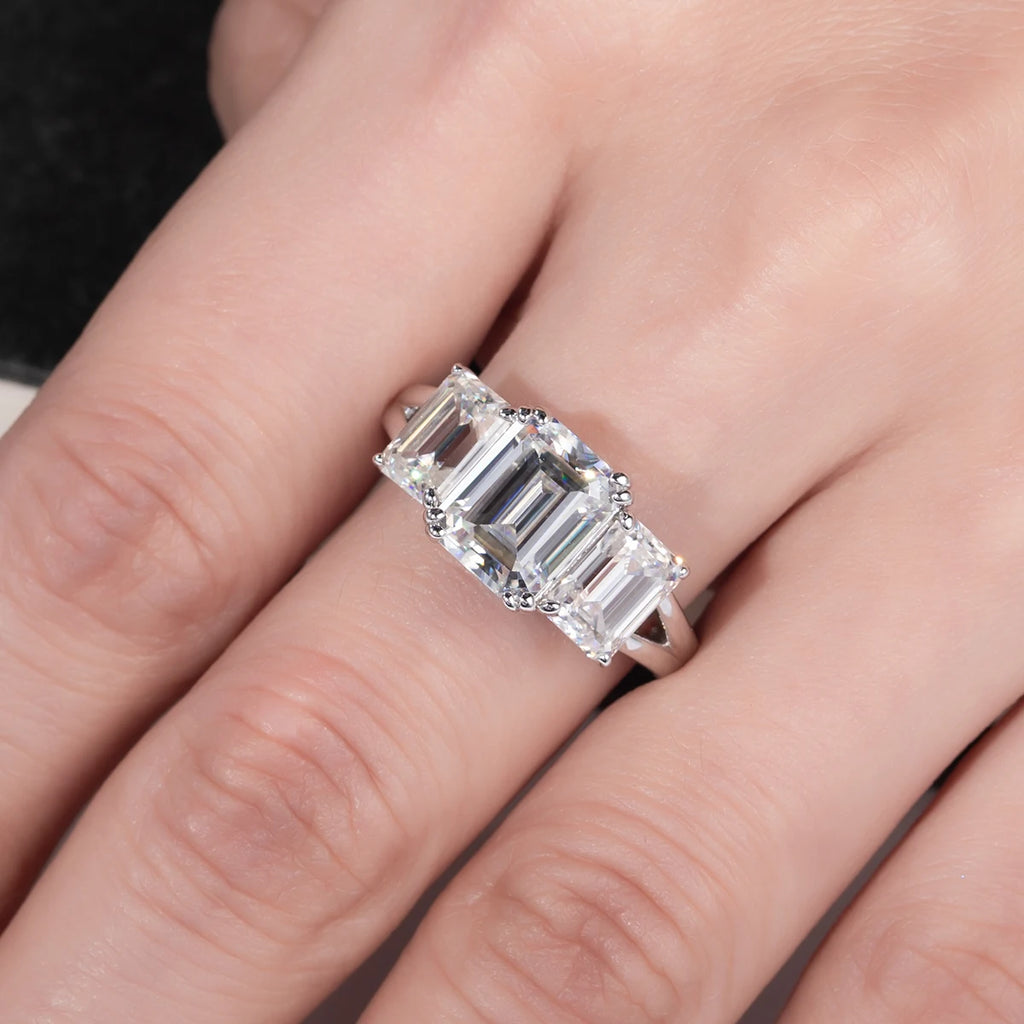 5ct Emerald Cut D-Color Moissanite Three Stone Engagement Ring - 925 Sterling Silver