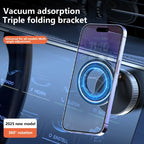 Car phone holder with vacuum adsorption and triple folding bracket on a car dashboard.