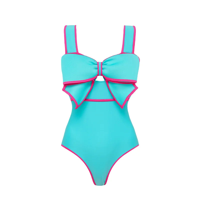 Bow Decor Swimsuit - Blue and Pink Beachwear