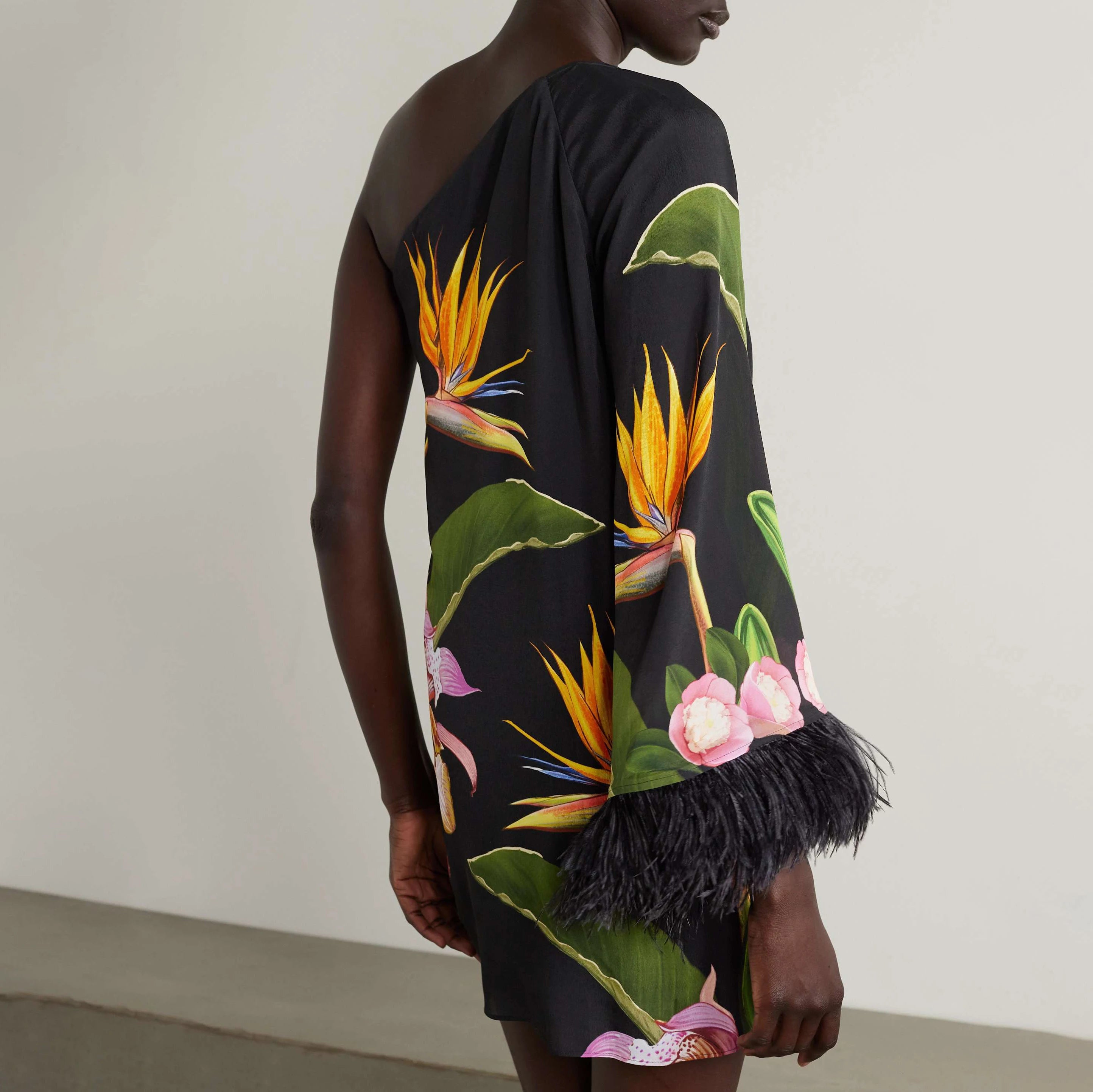 Floral Print One-Shoulder Feather Sleeve Maxi Dress