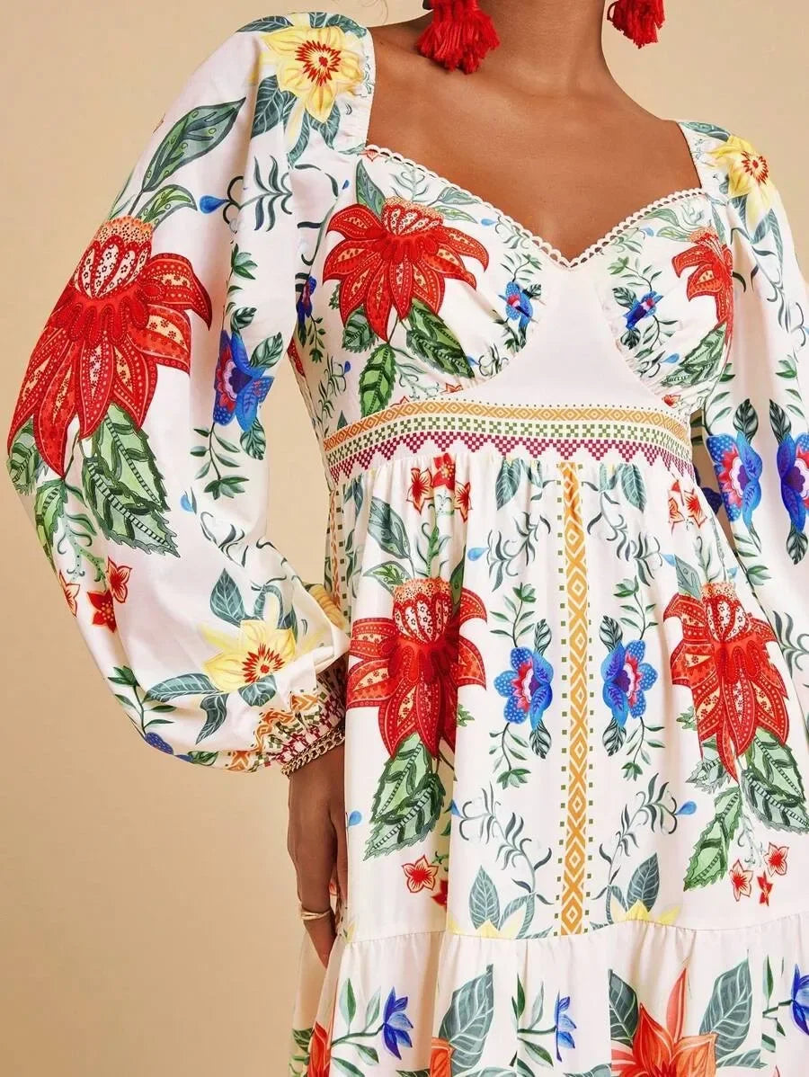 Floral Print V-Neck Maxi Dress - Long Sleeve Empire Waist