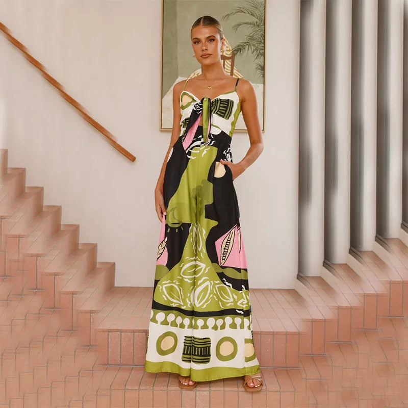 Printed Spaghetti Strap Jumpsuit - Lace-Up Wide Leg Boho Romper