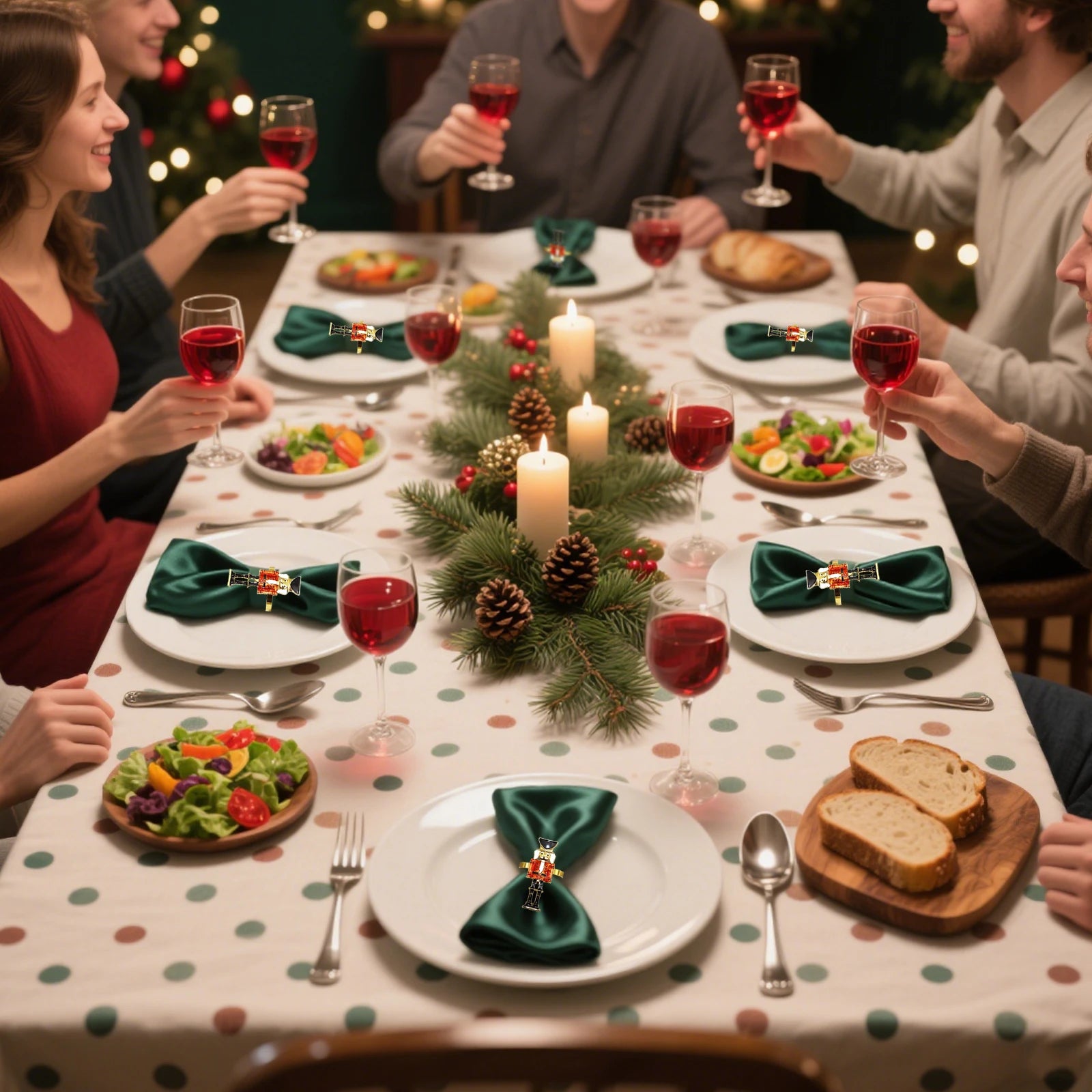 Group of people enjoying a festive meal with wine and Christmas decorations.