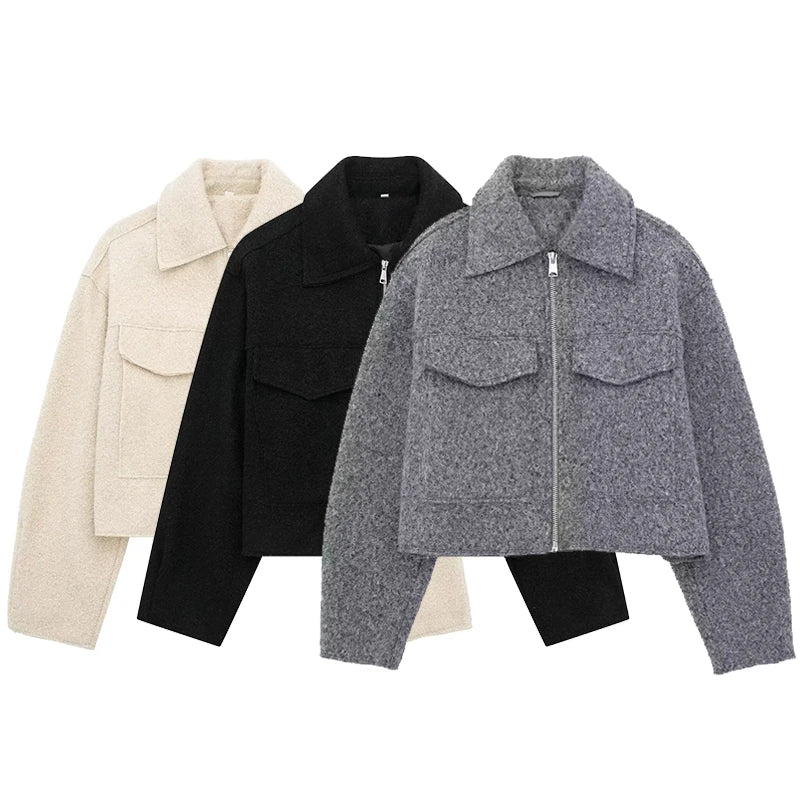 Three jackets in beige, black, and gray on a white background