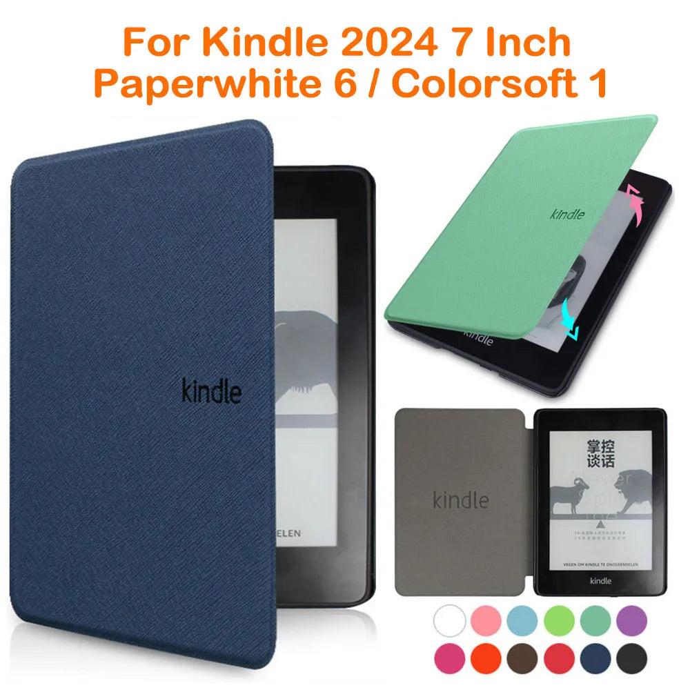 Kindle Paperwhite 6 and Colorsoft 1 cases with color options displayed.