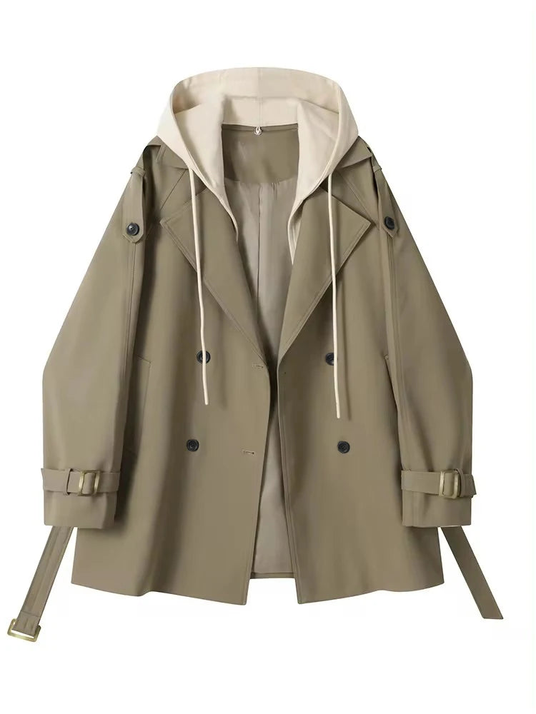 Beige trench coat with white hood on a white background