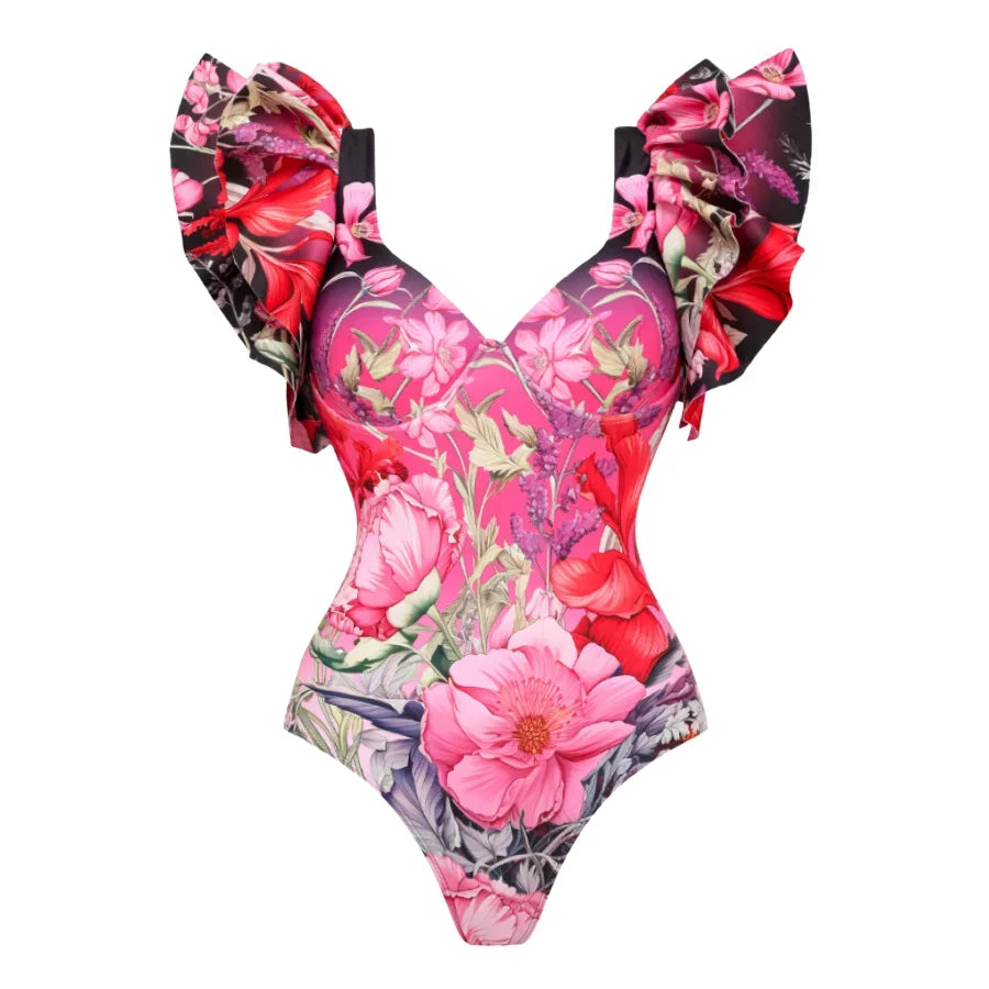 Blooming Flowers Print Swimsuit - Ruffled Beachwear