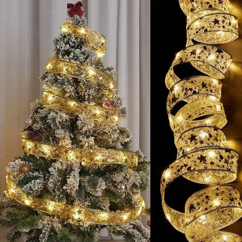 Decorative Christmas tree with gold ribbon and lights, next to a close-up of the gold ribbon.