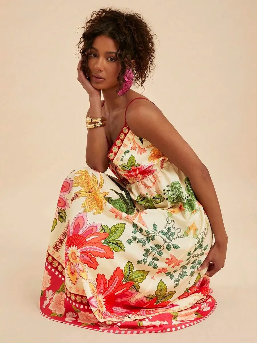 Floral Print Off-Shoulder Maxi Dress - Spaghetti Strap A-Line