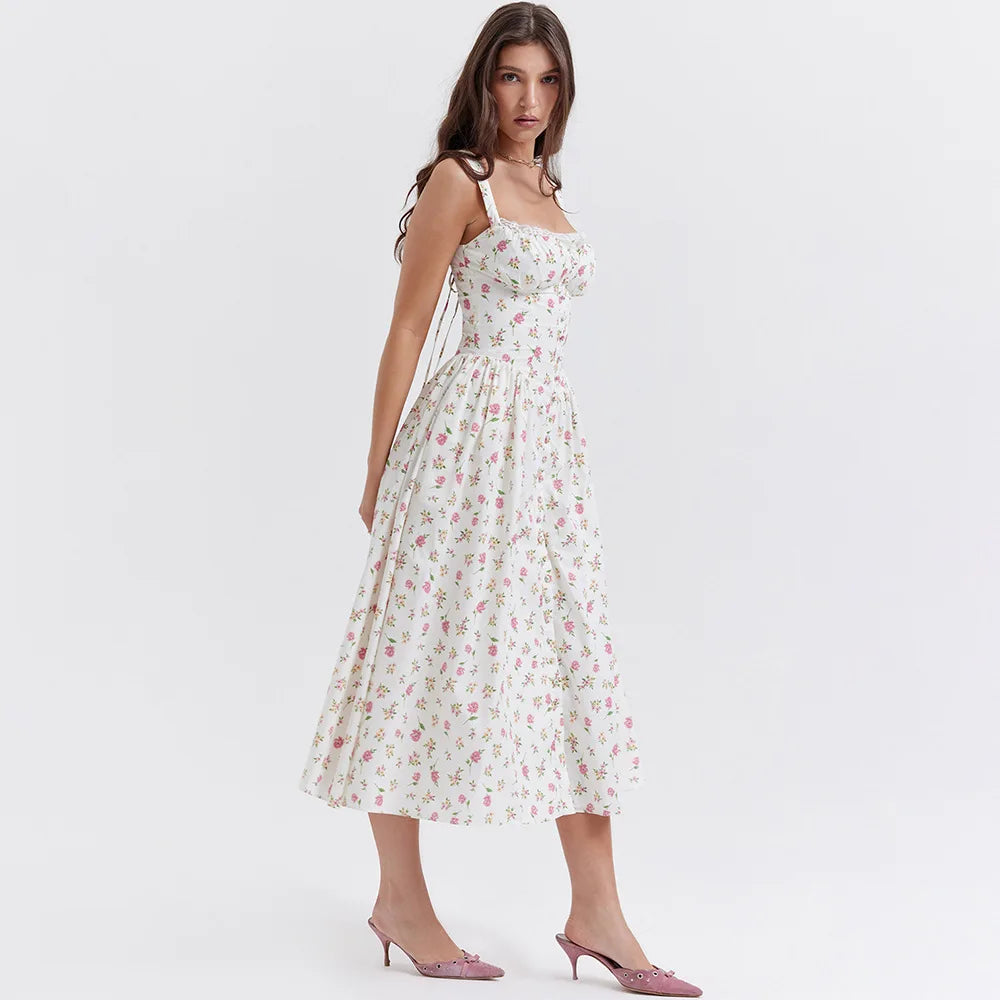 Spaghetti Strap Button Lace-Up Midi Dress with Pockets - Cottagecore Style