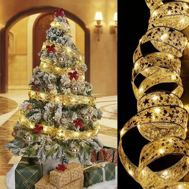 Decorated Christmas tree with lights and ornaments, next to a close-up of a gold ribbon with lights.