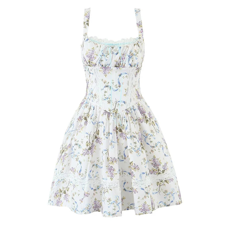 French Style Floral Print Lace Dress - Cottagecore Style