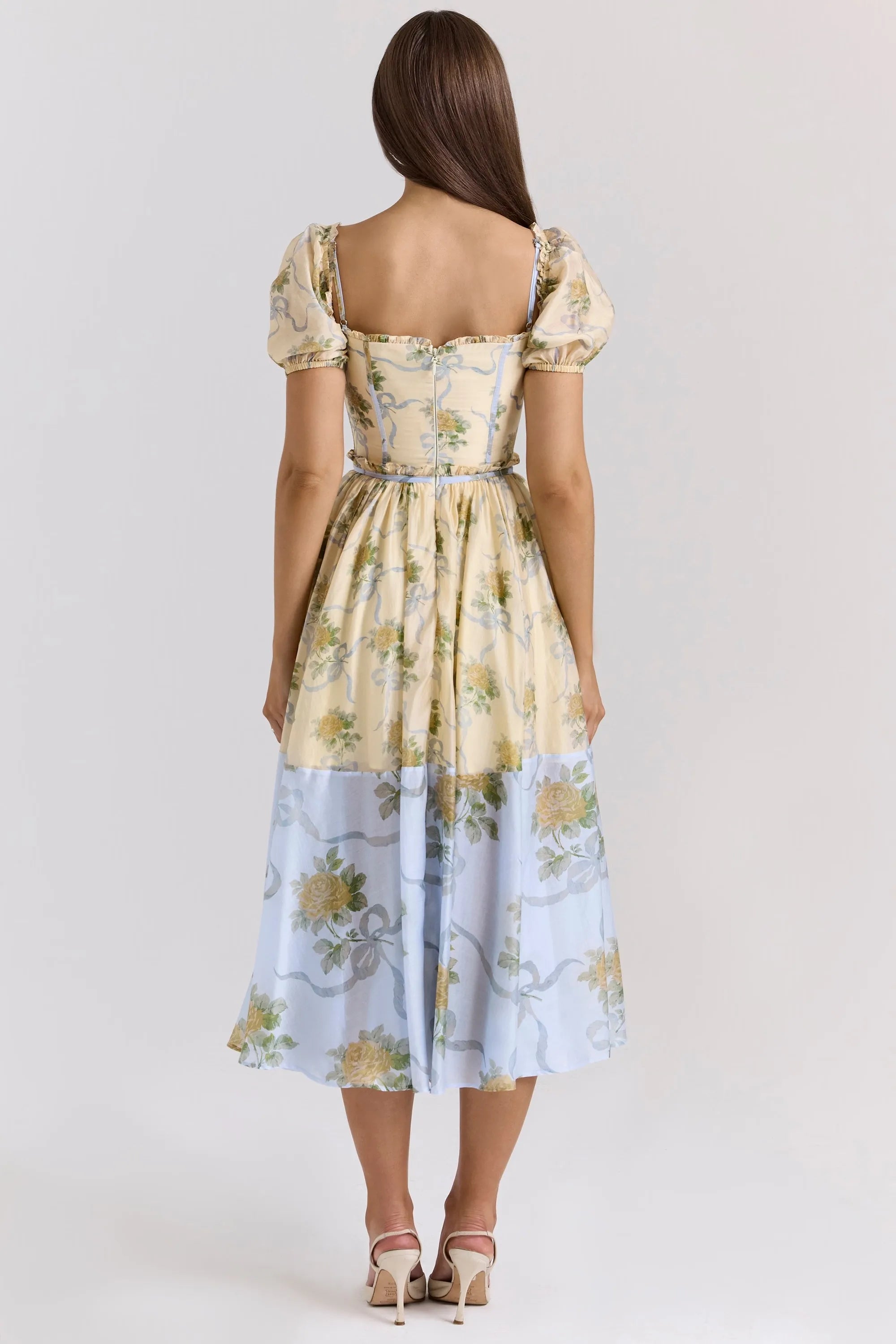 Floral Print Puff Sleeve Midi Dress - High Waist - Cottagecore Style