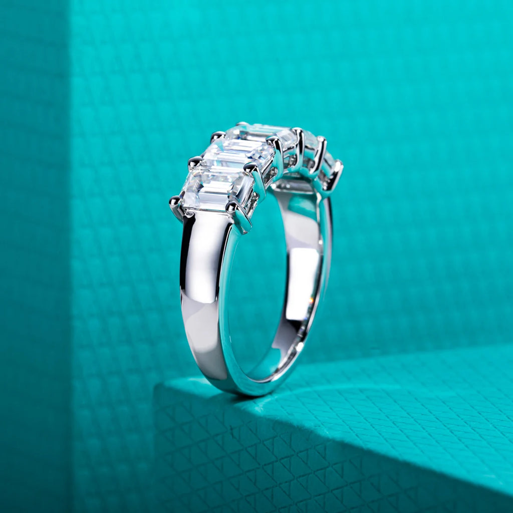 0.6ct Emerald Cut Moissanite Wedding Band - D Color Sterling Silver Ring