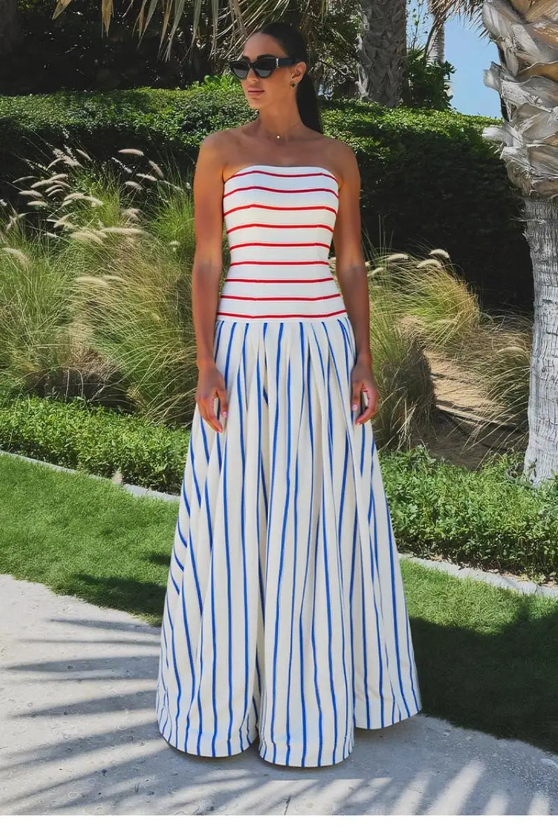 Striped Print Off-Shoulder Sling Maxi Dress