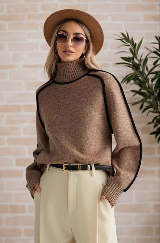 Woman wearing a brown turtleneck sweater with black accents, beige pants, and a hat against a brick wall.