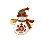 Snowman-shaped bracelet with gold band, red and green accents, and snowflake design on a white background.