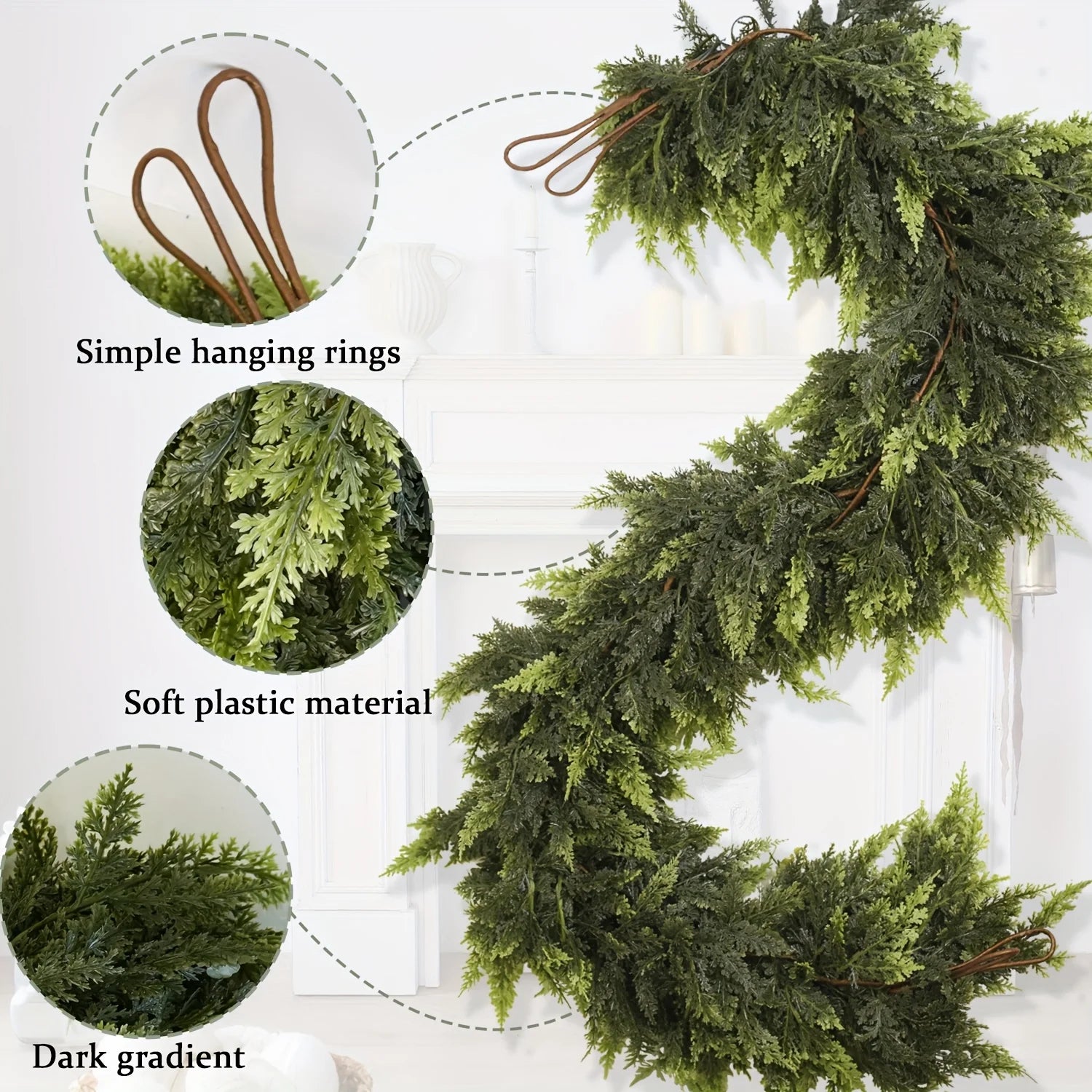 Artificial greenery garland with close-up details on a white background