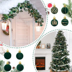 Decorative green Christmas ornaments with gold accents on a Christmas tree and wall decorations.