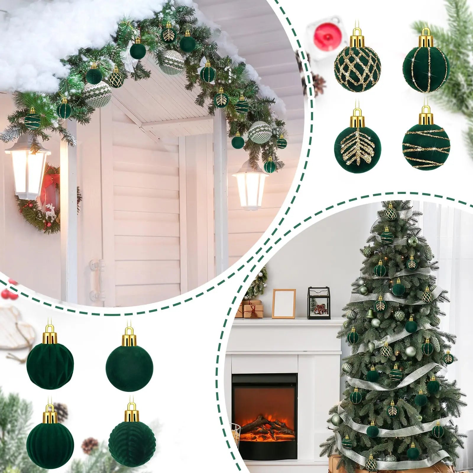Decorative green Christmas ornaments with gold accents on a Christmas tree and wall decorations.