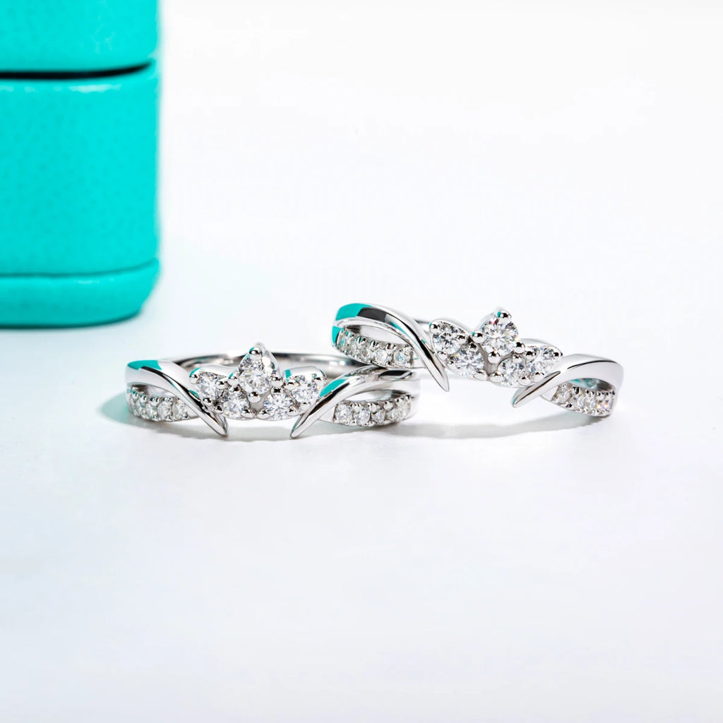 D Color Moissanite Crown Wedding Band Set - 925 Sterling Silver Bridal Ring Set
