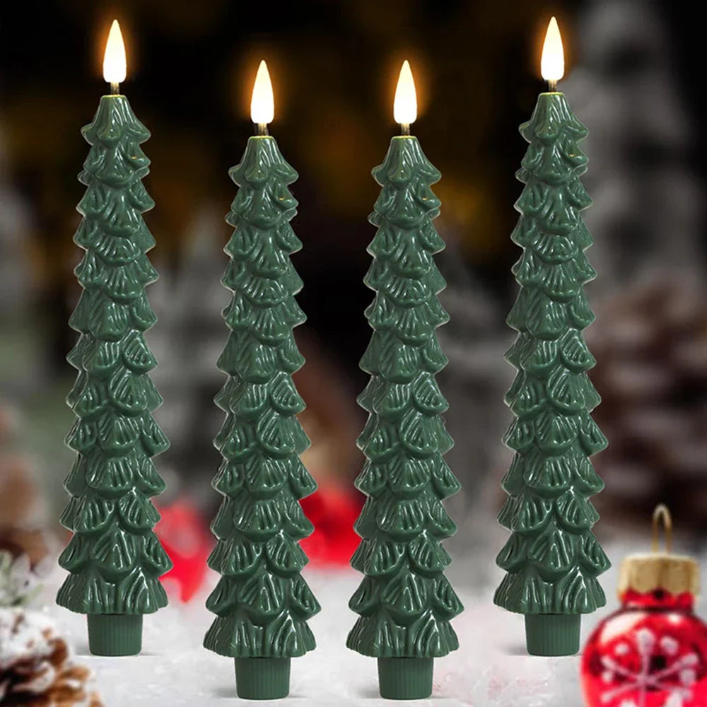 Four green Christmas tree-shaped candles with a blurred festive background.