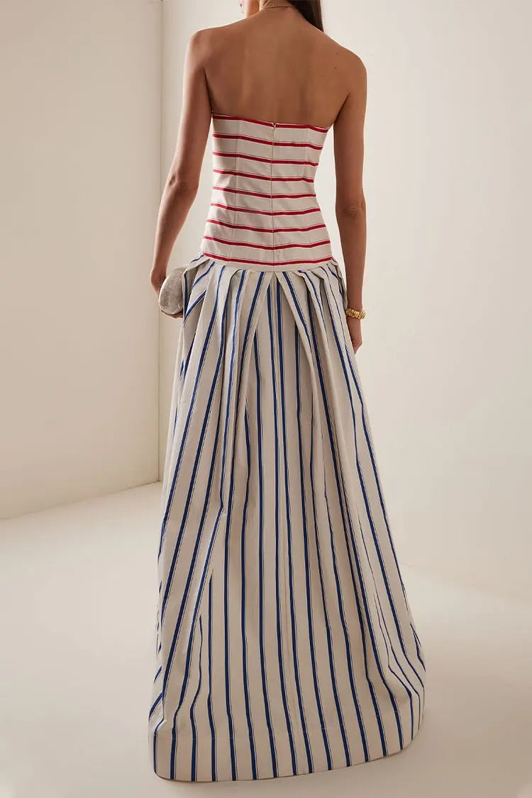 Striped Print Off-Shoulder Sling Maxi Dress
