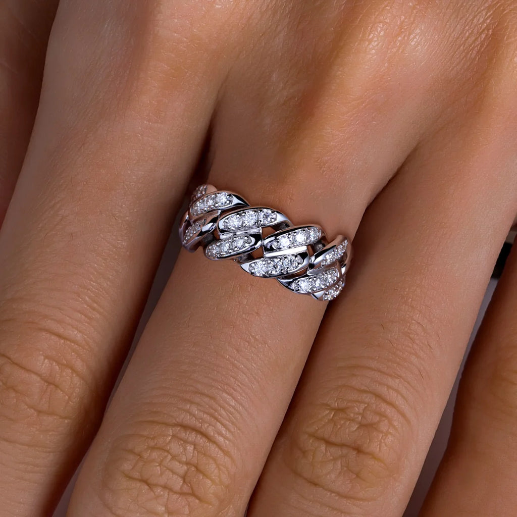 Moissanite Cuban Link Eternity Band - 925 Sterling Silver Unisex Wedding Ring