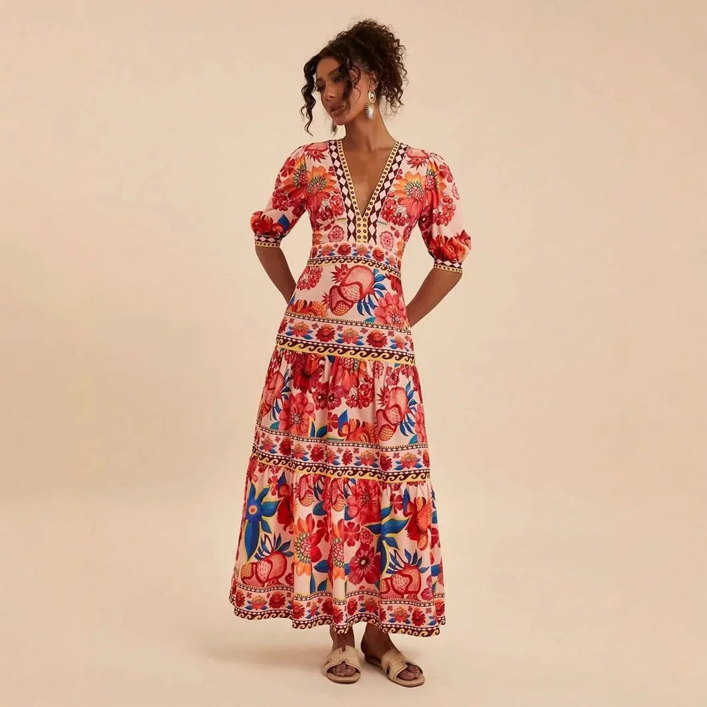 Floral Print Bubble Sleeve Maxi Dress - V-Neck Summer Dress