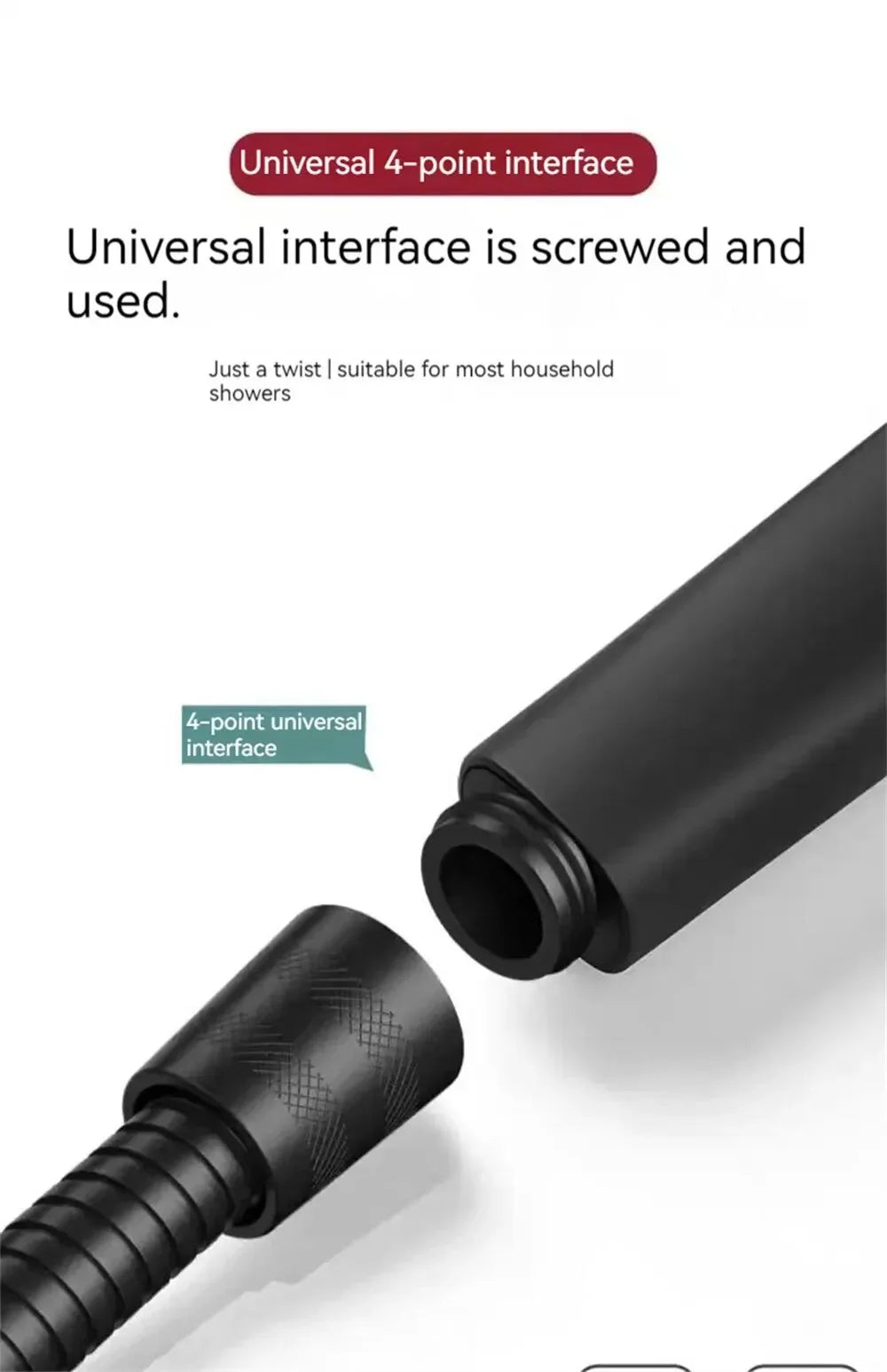 Black shower hose with universal 4-point interface on a white background