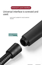 Black shower hose with universal 4-point interface on a white background