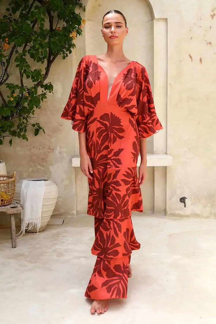 Bandeau Blossom Print Maxi Dress - Ruffle Dolman Sleeve