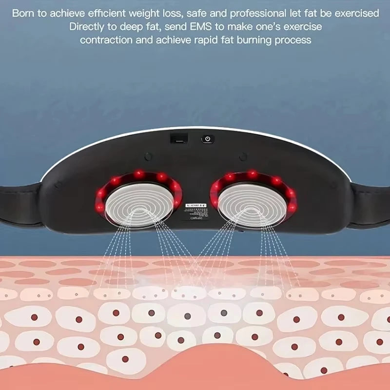 Electromagnetic therapy device with red lights and a cross-section of skin showing fat cells.